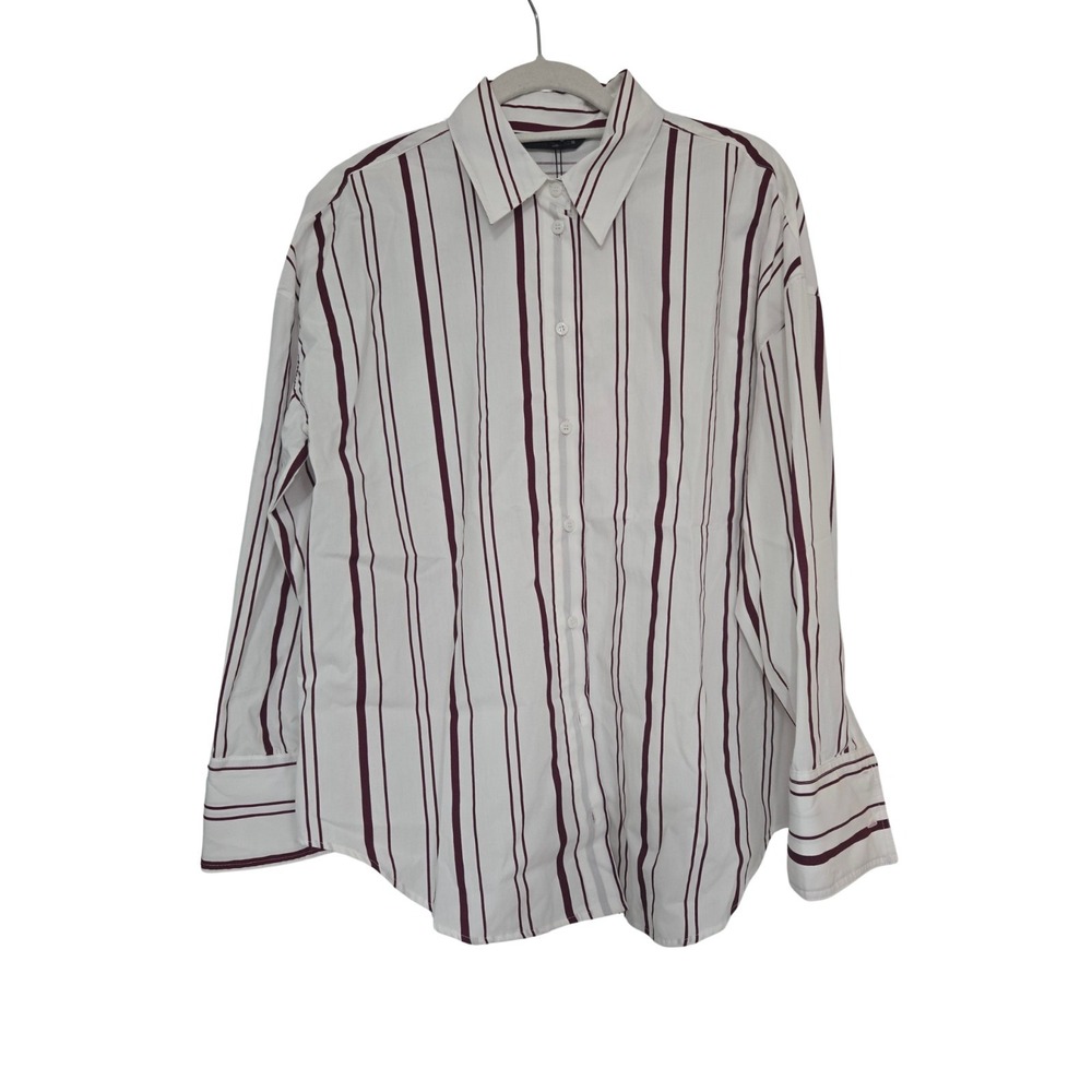 Zara Striped Button Down Relaxed Fit 100% Cotton Burgundy White Size M NWOT - Picture 2 of 9